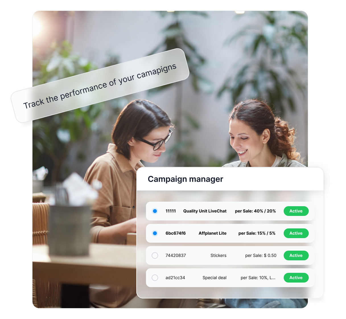 Campaign reports feature in Post Affiliate Pro showing performance metrics for affiliates and promotional materials.