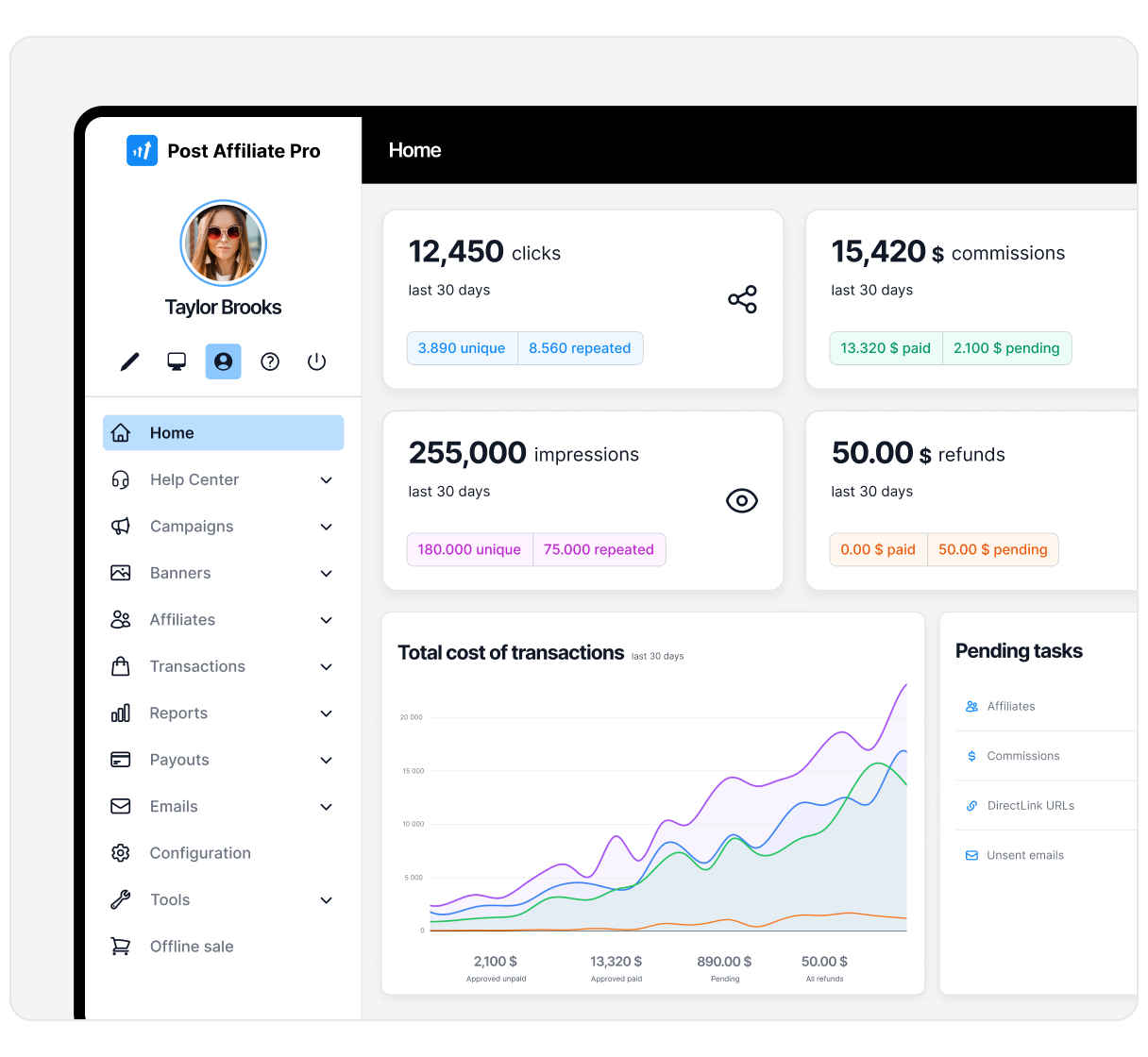 Affiliate management dashboard for handling commissions, affiliates, and campaigns in one place.