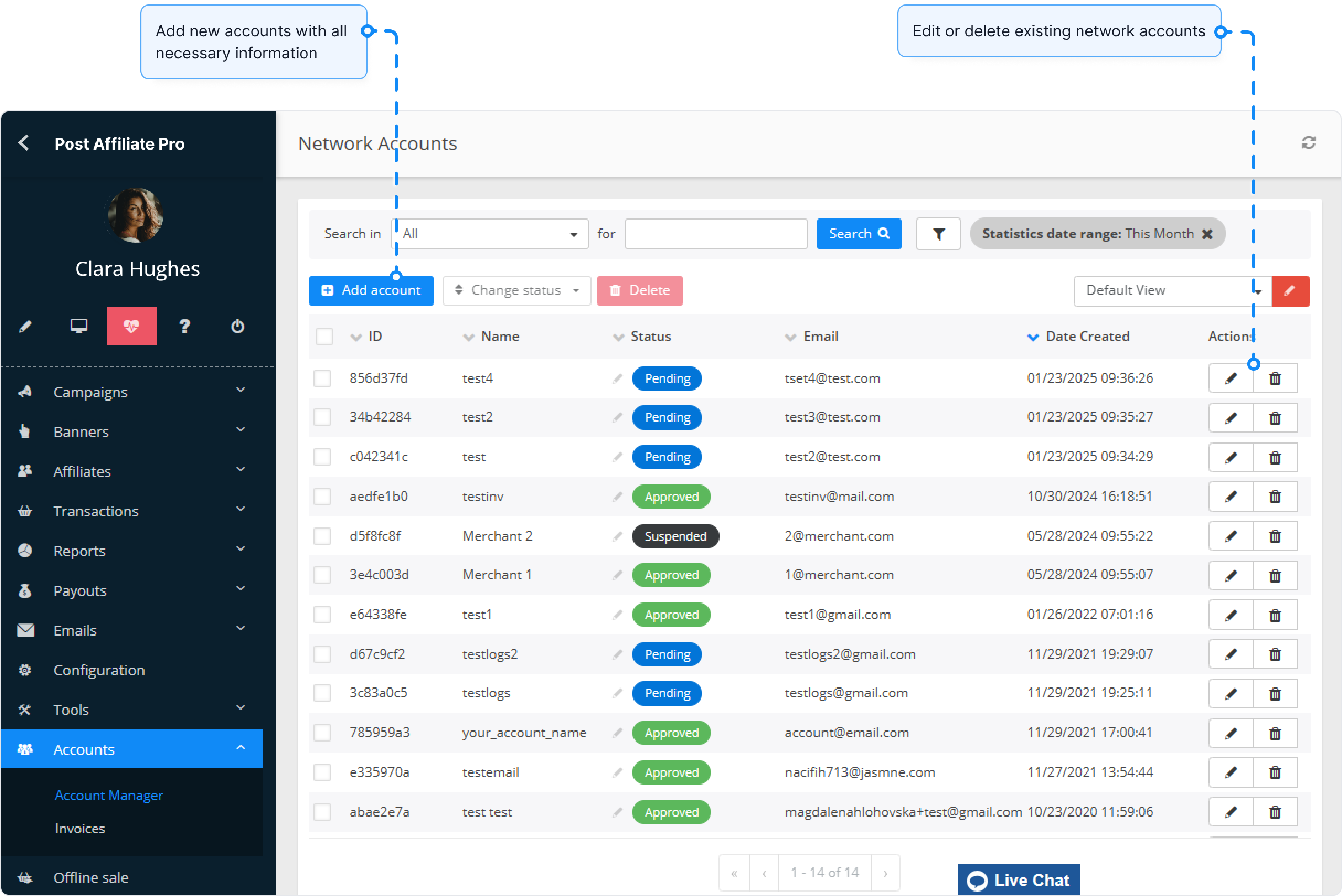 Overview of the network accounts feature in Post Affiliate Pro.