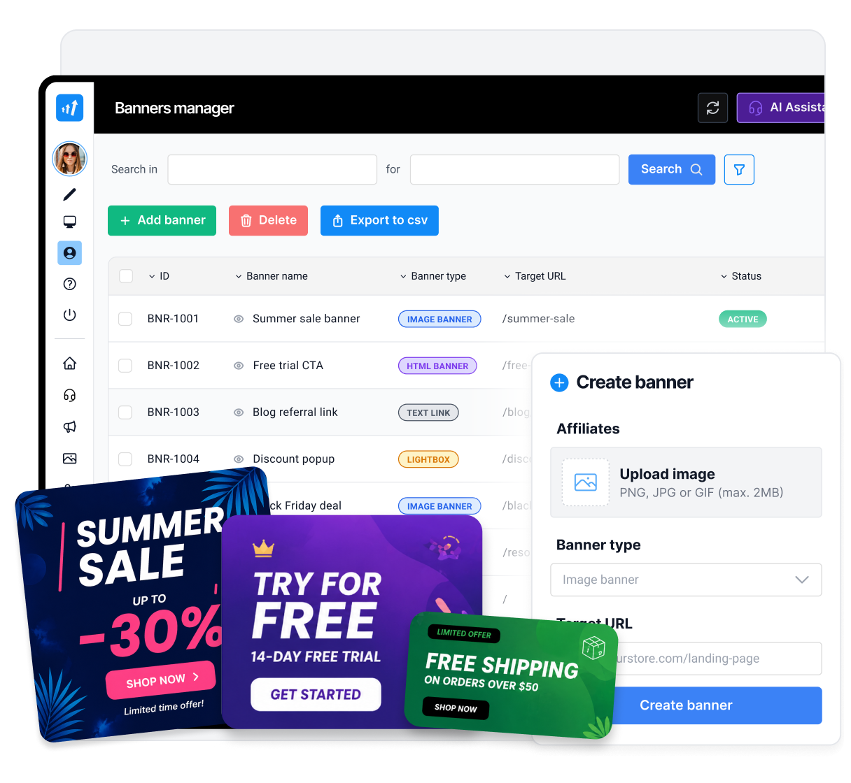 Promotional materials section in app with banners, coupons, and ready-to-use creatives for affiliates.