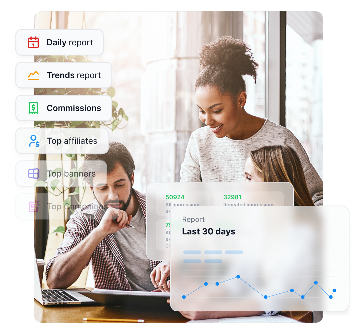 Stock image of a woman on the phone, next to a simple illustration showing how Post Affiliate Pro works, along with several award badges.