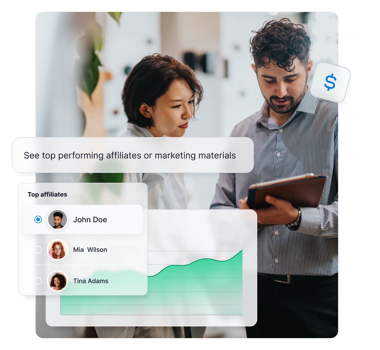 Affiliate reports feature in Post Affiliate Pro showing top affiliates, banner performance, and campaign success metrics.