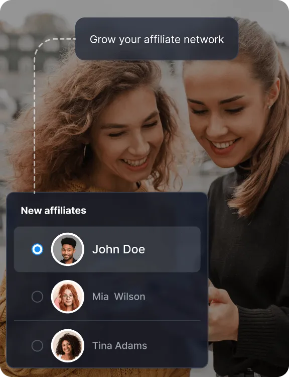 A content creator overlay showing options to invite affiliates and creators, set up commission structures, and grow awareness through partnerships.