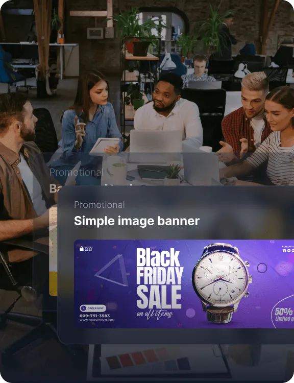 A promotional materials overlay showing a custom image banner for a Black Friday sale.