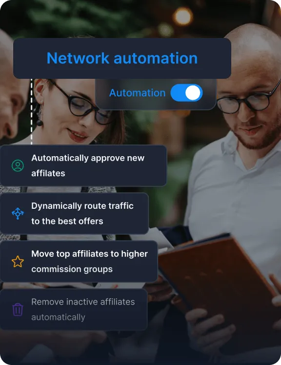 A software technologies and platforms overlay showing automation toggles for marketing tasks, bonuses, and affiliate reports.