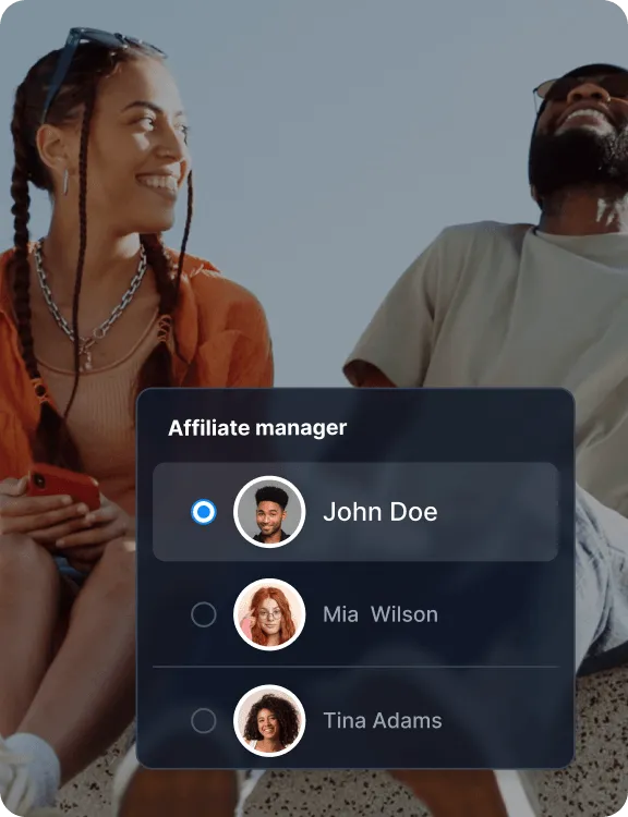 An affiliate manager selection panel listing affiliate managers assigned to accounts.
