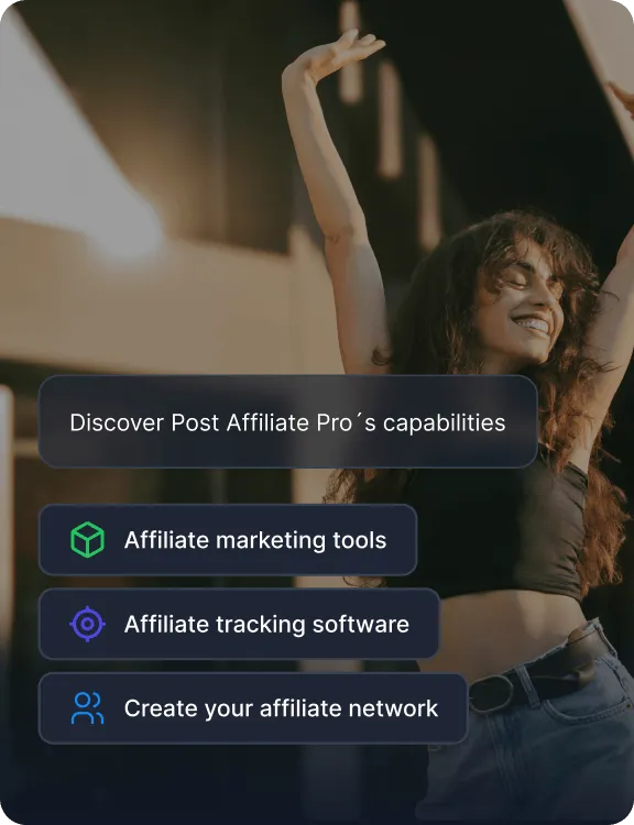 A list of Post Affiliate Pro's capabilities, including affiliate marketing tools, tracking software, and network creation.