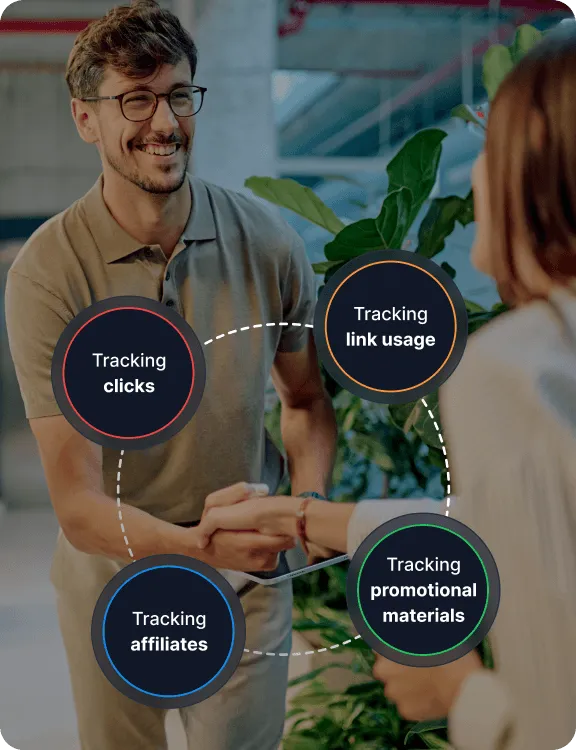 An affiliate manager shaking hands with a partner, with icons representing tracking of clicks, link usage, affiliates, and promotional materials.
