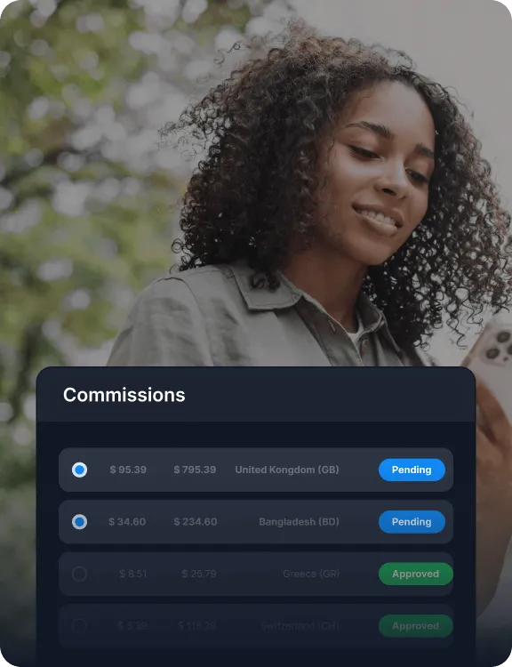 A commissions table showing pending and approved payouts in multiple currencies across different countries.