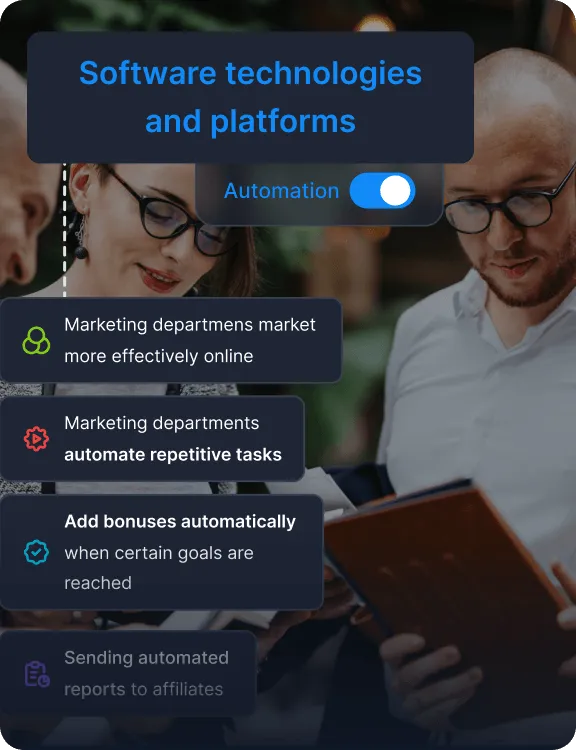 A software technologies and platforms overlay showing automation toggles for marketing tasks, bonuses, and affiliate reports.