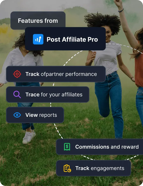 A dashboard overlay showing complete program control with partner performance, campaign reports, fraud prevention, commission control, and affiliate activity.