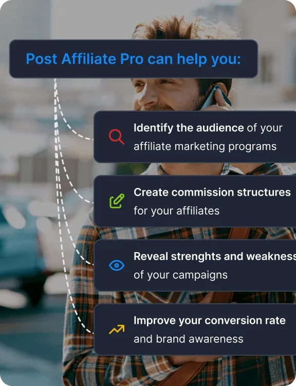 A content creator overlay showing options to invite affiliates and creators, set up commission structures, and grow awareness through partnerships.