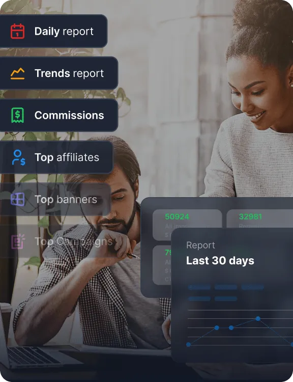 A reports and analytics overlay showing daily reports, trends, commissions, top affiliates, top banners, and top campaigns.
