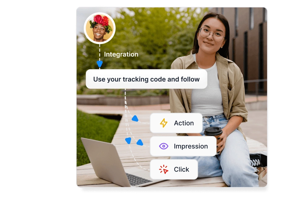 Stock image of a woman on the phone, next to a simple illustration showing how Post Affiliate Pro works, along with several award badges.