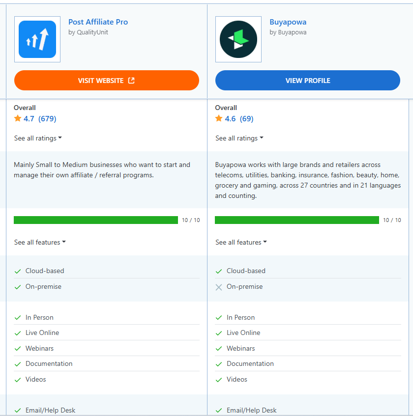 Post Affiliate Pro vs Buyapowa comparison of features.