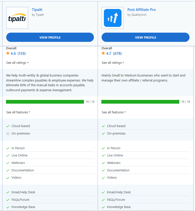 Post Affiliate Pro vs Tipalti comparison of features.
