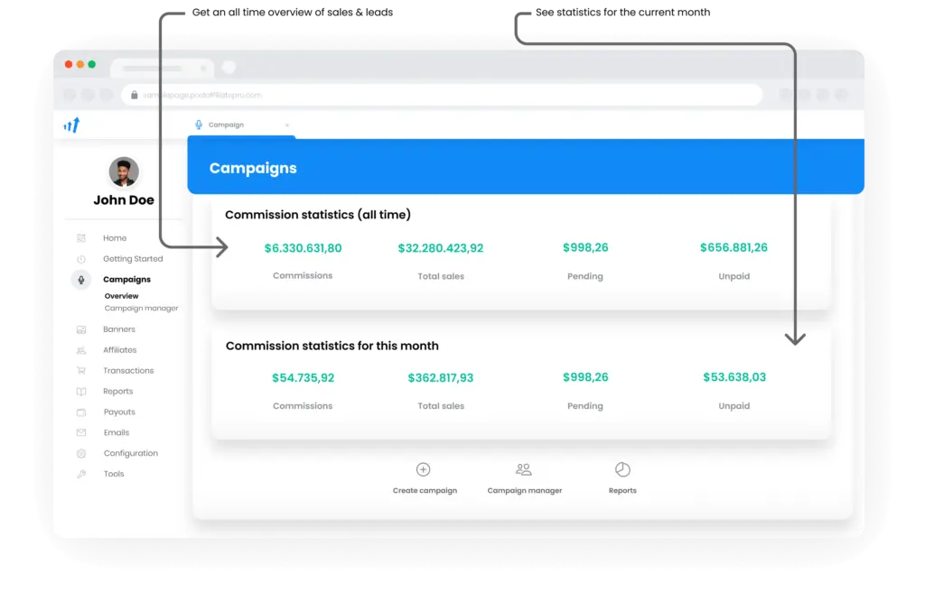 An image illustrating campaigns overview in Post Affiliate Pro.