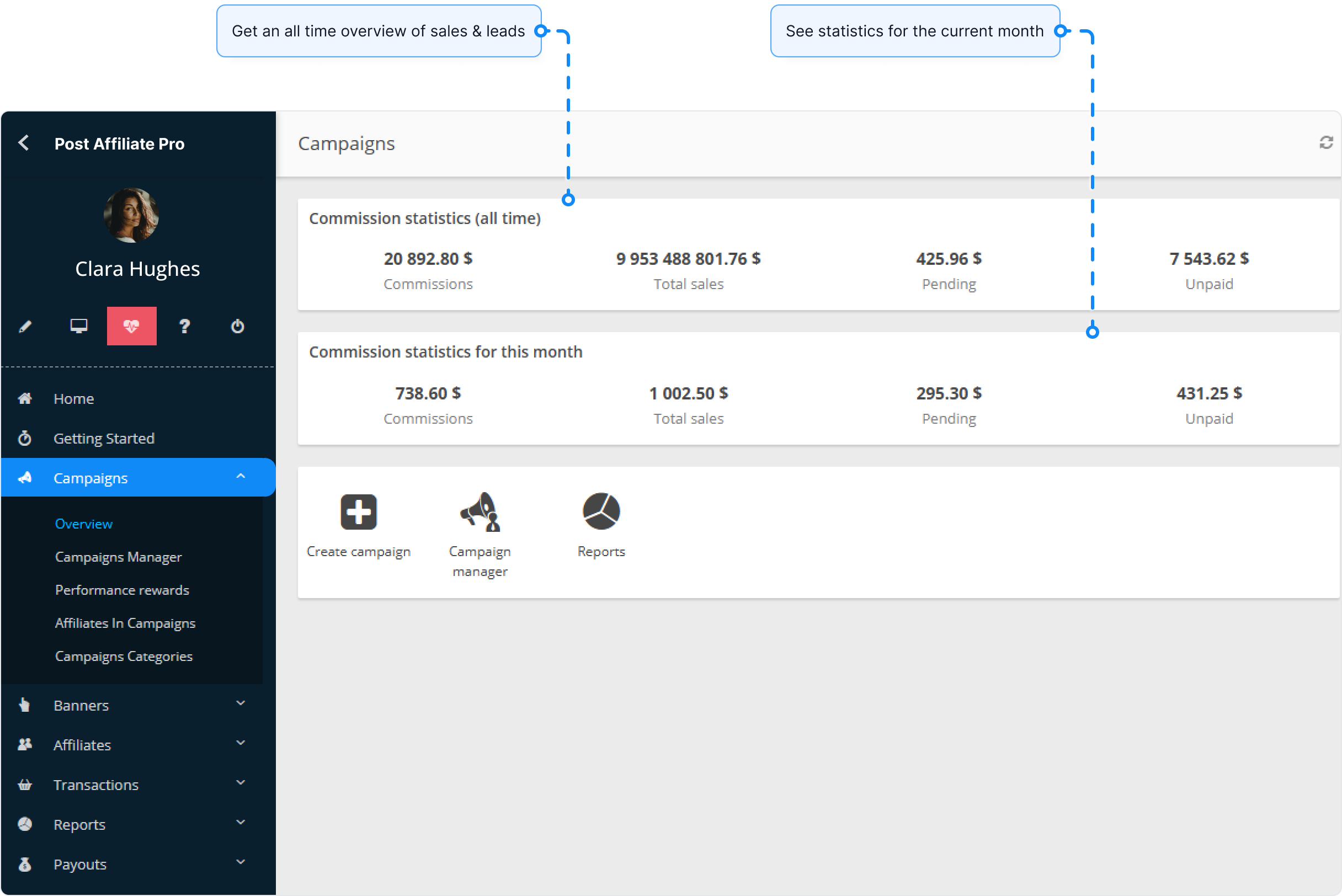 Post Affiliate Pro commissions overview.