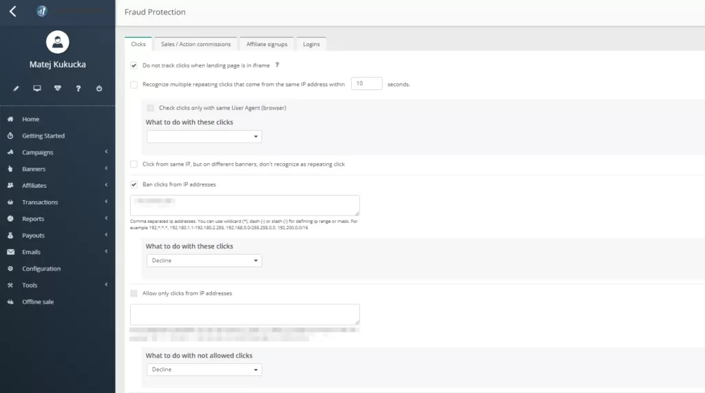 Screenshot of Post Affiliate Pro's fraud protection configuration dashboard.