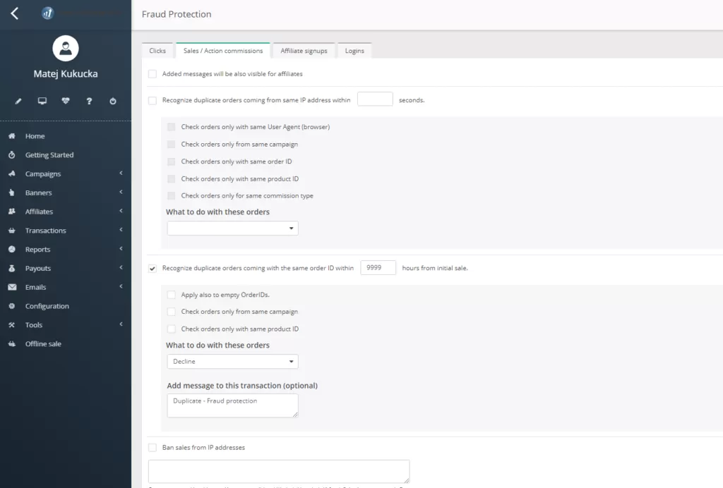 Screenshot of Post Affiliate Pro's sales fraud protection configuration dashboard.