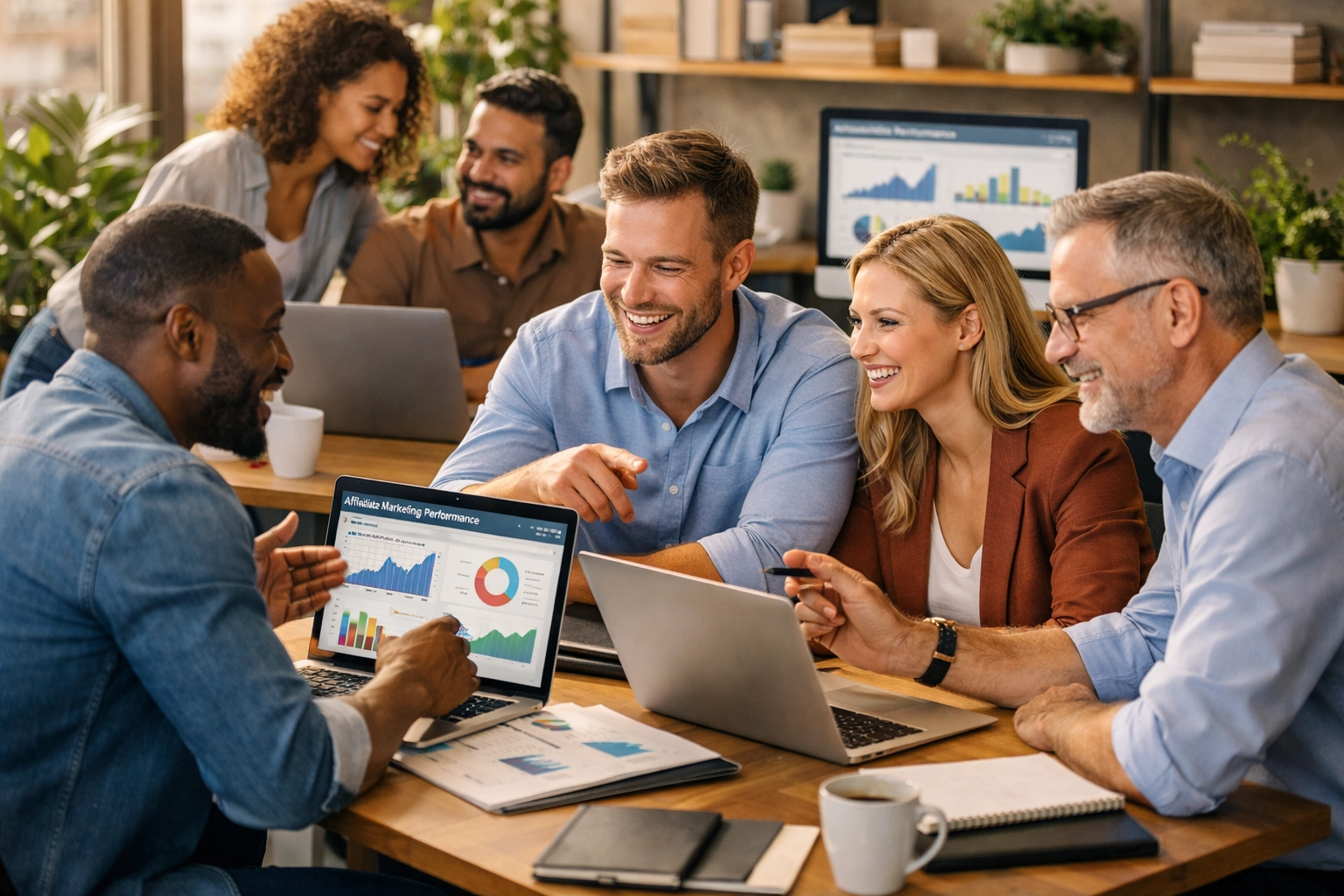 Professional team of diverse affiliate marketers collaborating in a modern office environment