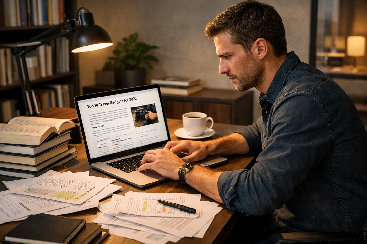 Content creator working on quality affiliate content with research materials