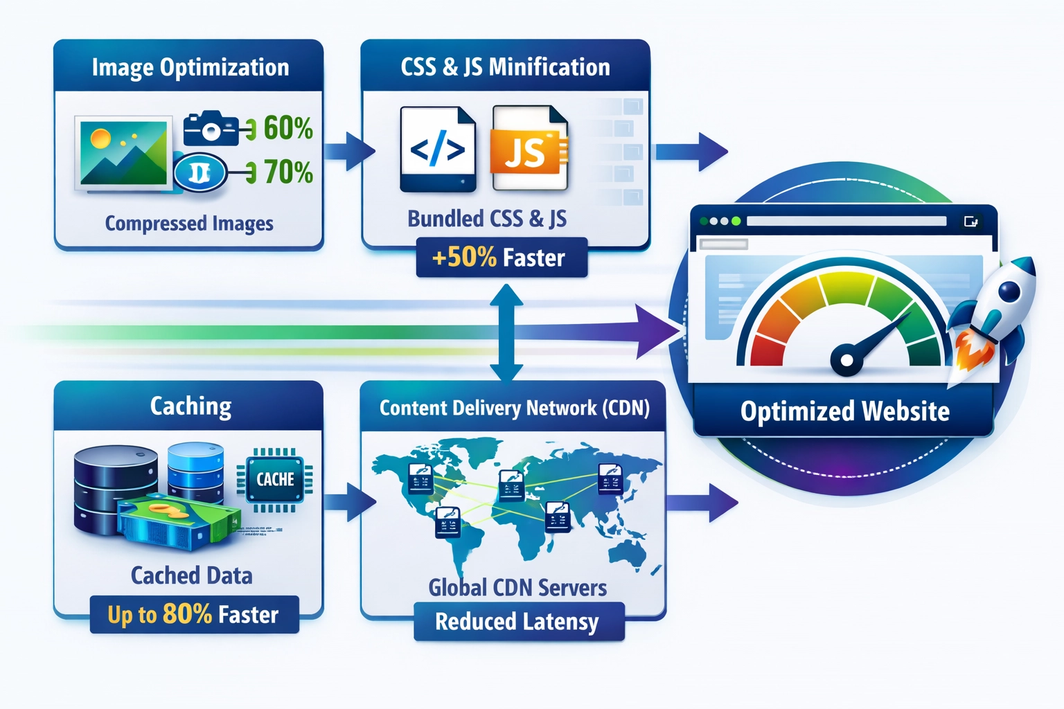 Website speed optimization techniques infographic showing image compression, caching, CDN, and bundling