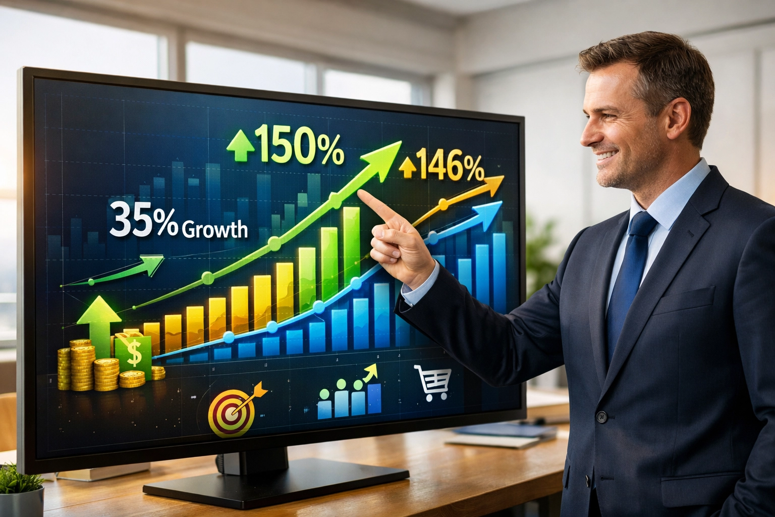Business growth visualization showing upward trending charts with marketing success metrics and revenue growth indicators