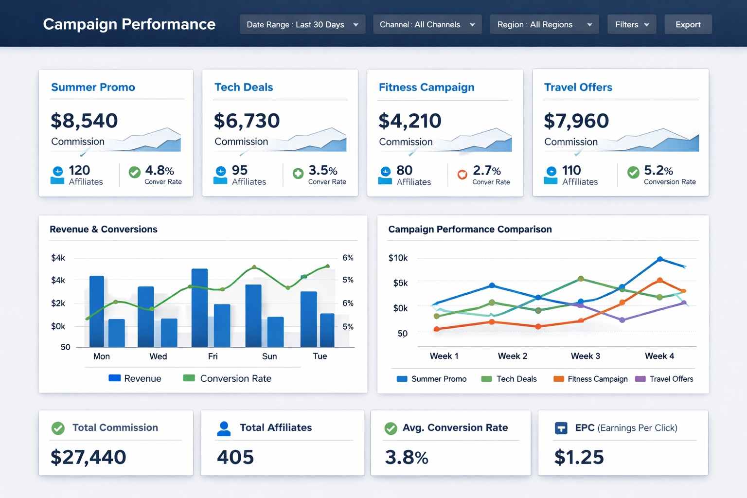 Campaign performance dashboard showing commission metrics and KPIs