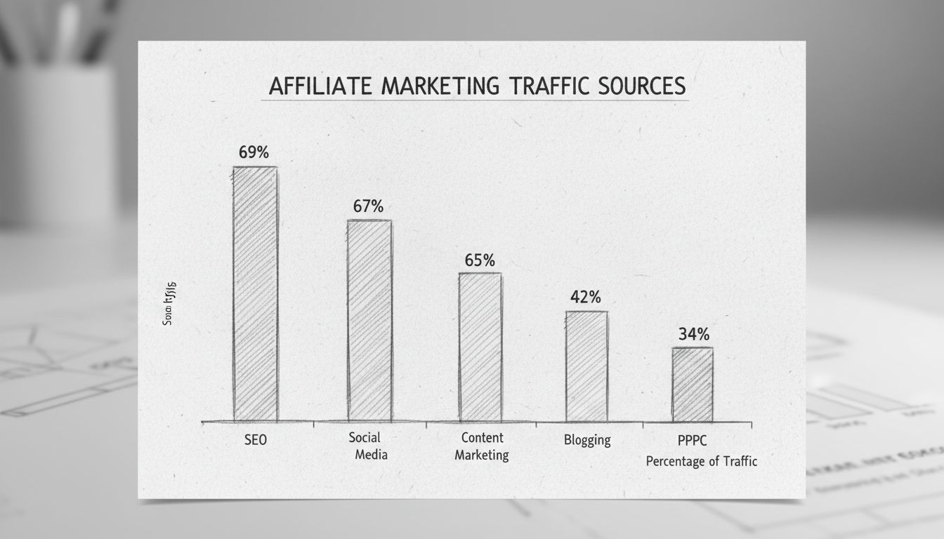 Affiliate marketing traffic sources showing SEO 69%, Social Media 67%, Content Marketing 65%, Blogging 64%, Email 42%, PPC 34%