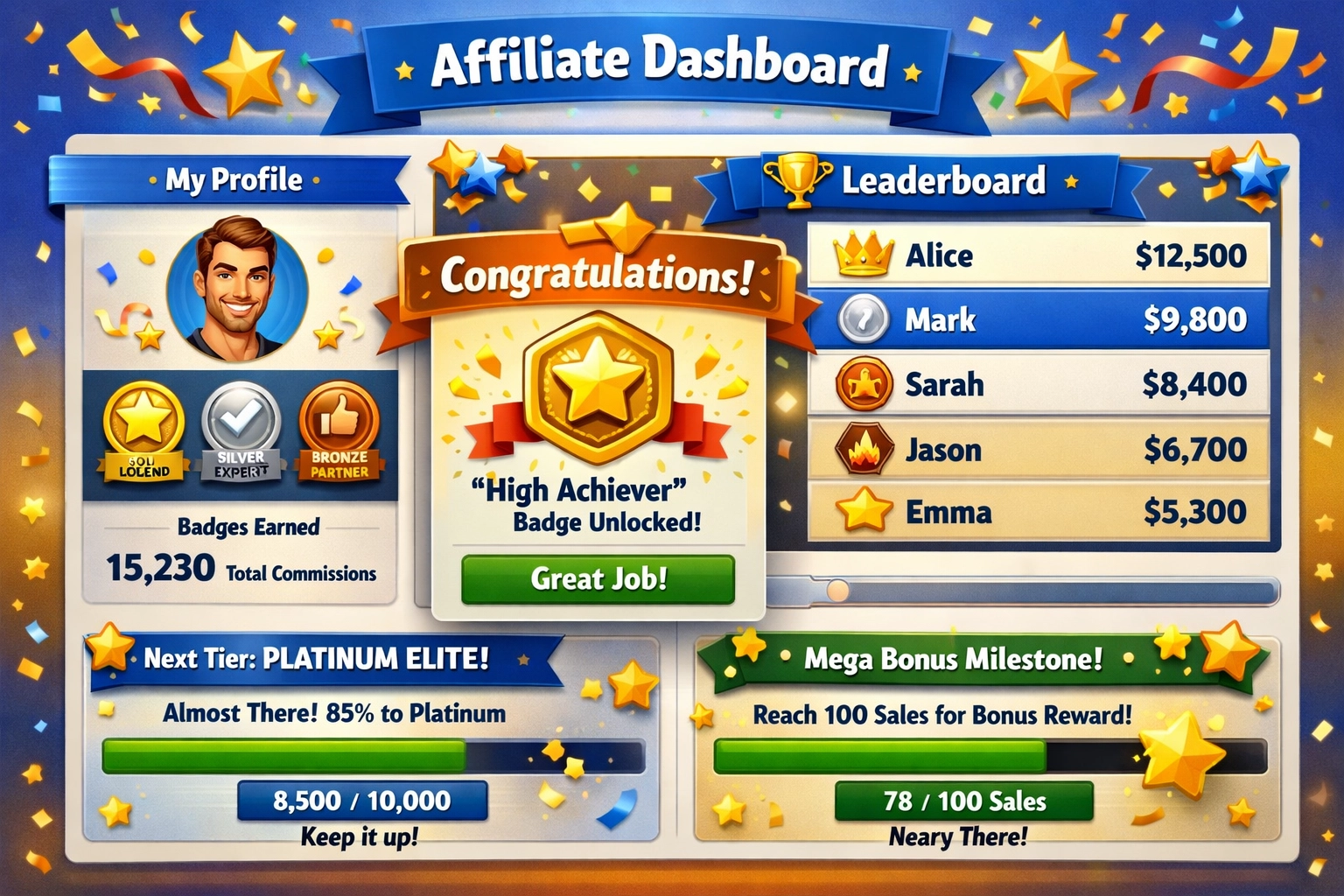 Affiliate dashboard with gamification elements including badges and leaderboards