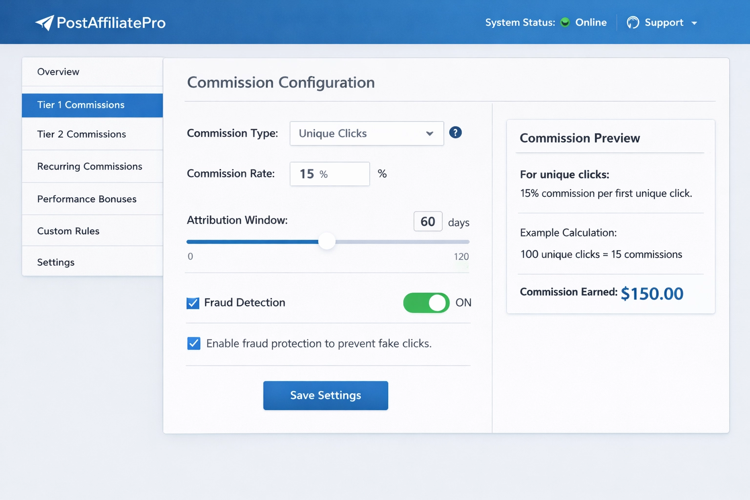PostAffiliatePro dashboard showing unique click commission setup