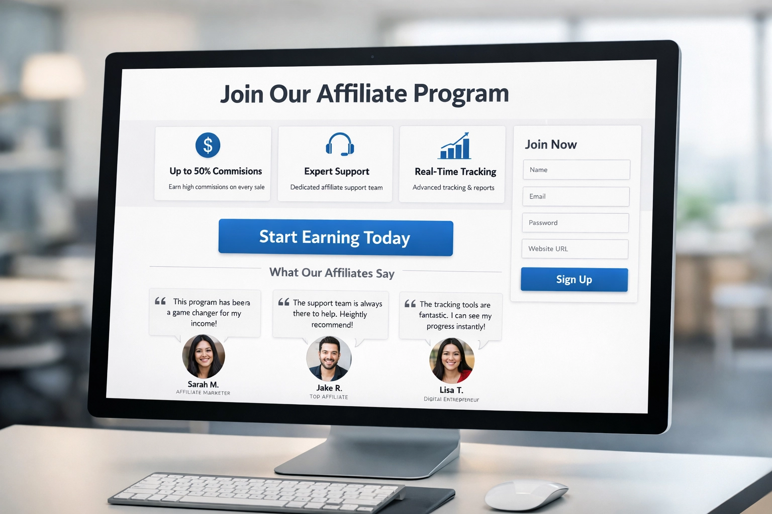 Clean modern affiliate landing page design with clear CTA and social proof elements