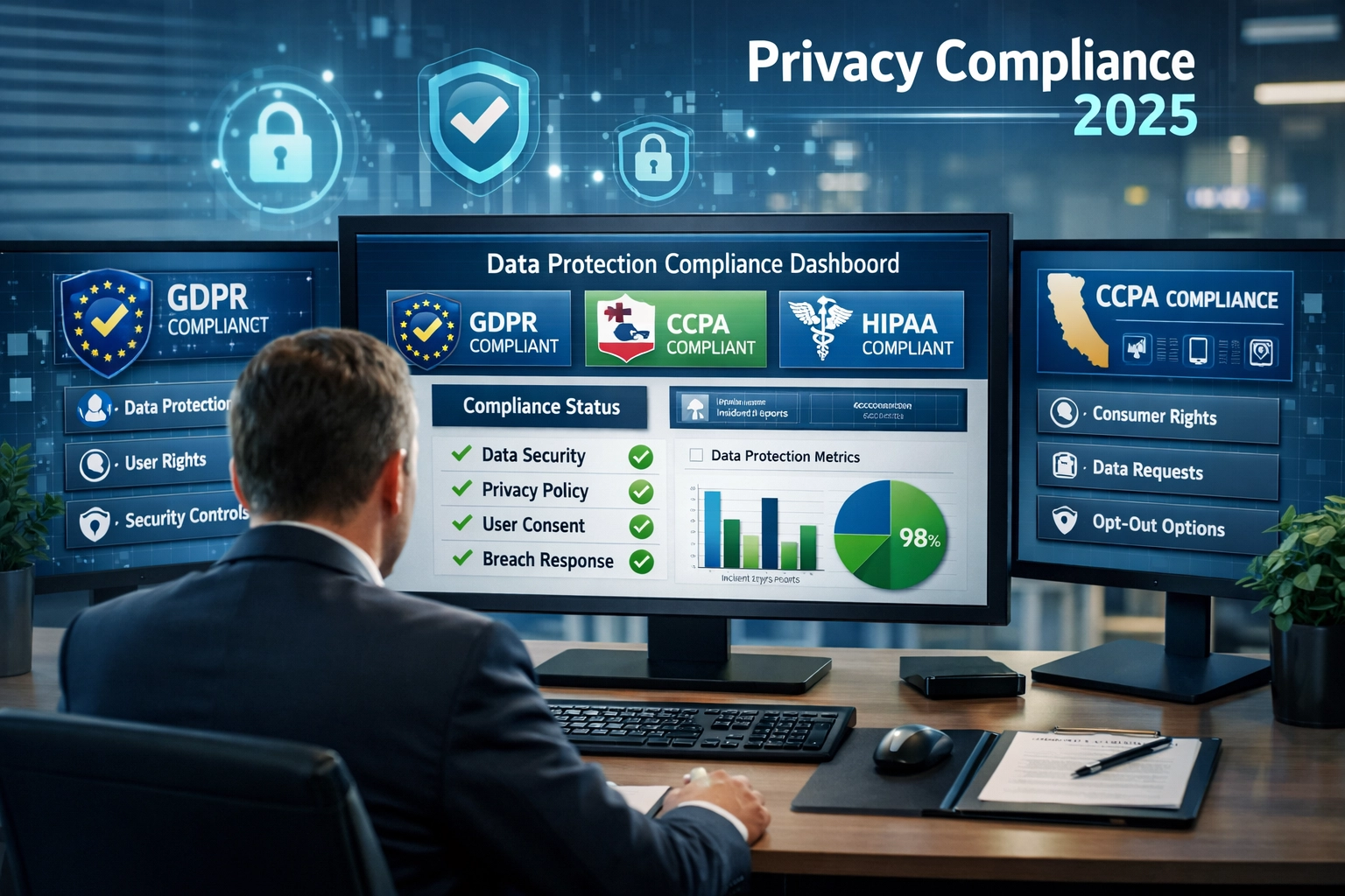 Professional compliance officer reviewing GDPR and privacy regulation dashboards