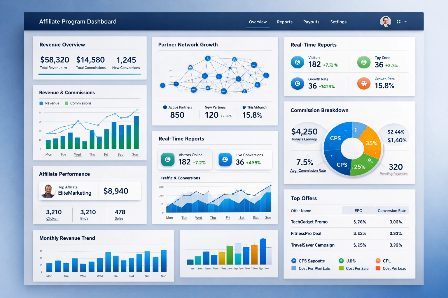 Modern affiliate management dashboard with real-time analytics and partner tracking
