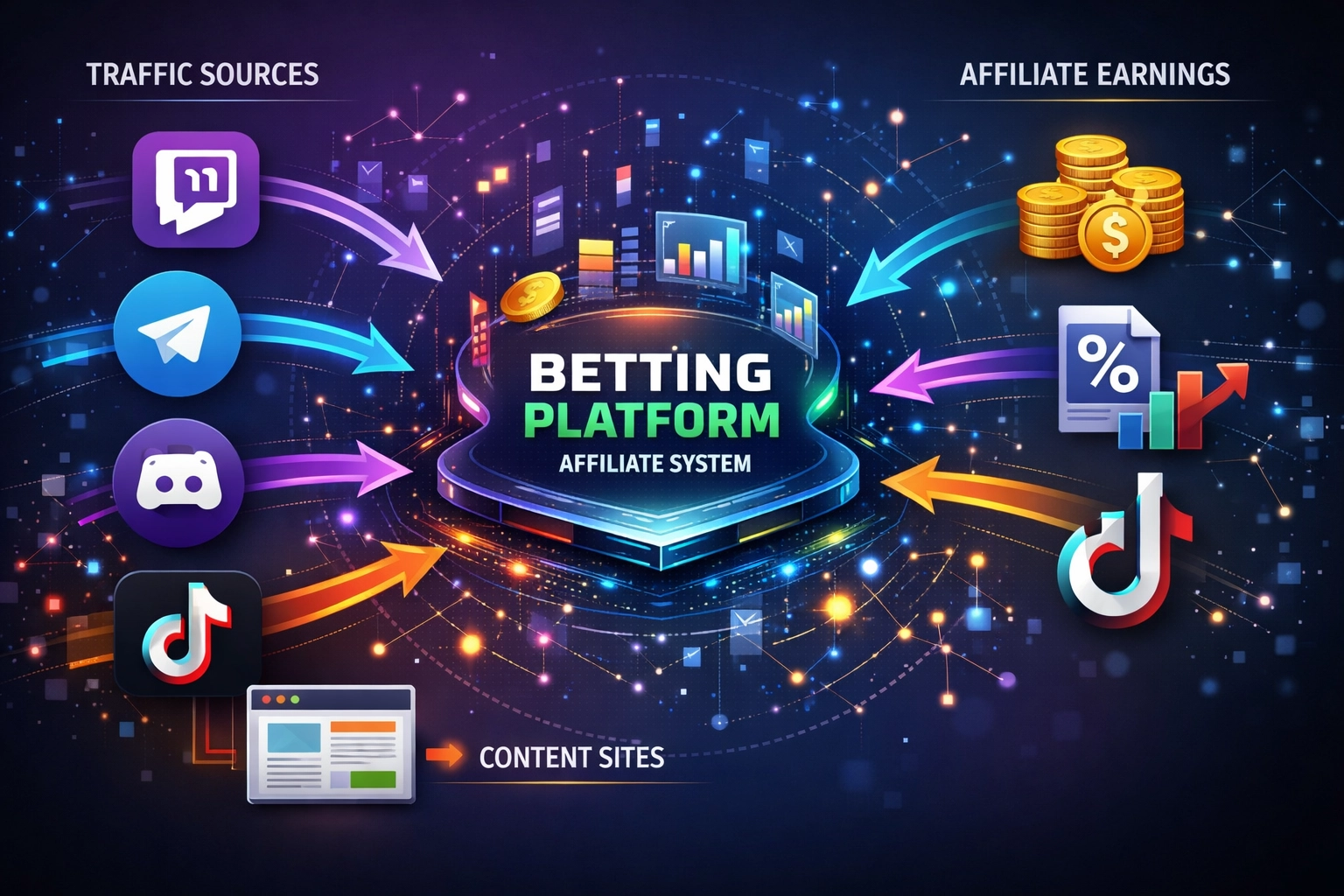 Traffic sources network diagram showing Twitch, Telegram, Discord, TikTok, YouTube, and content websites