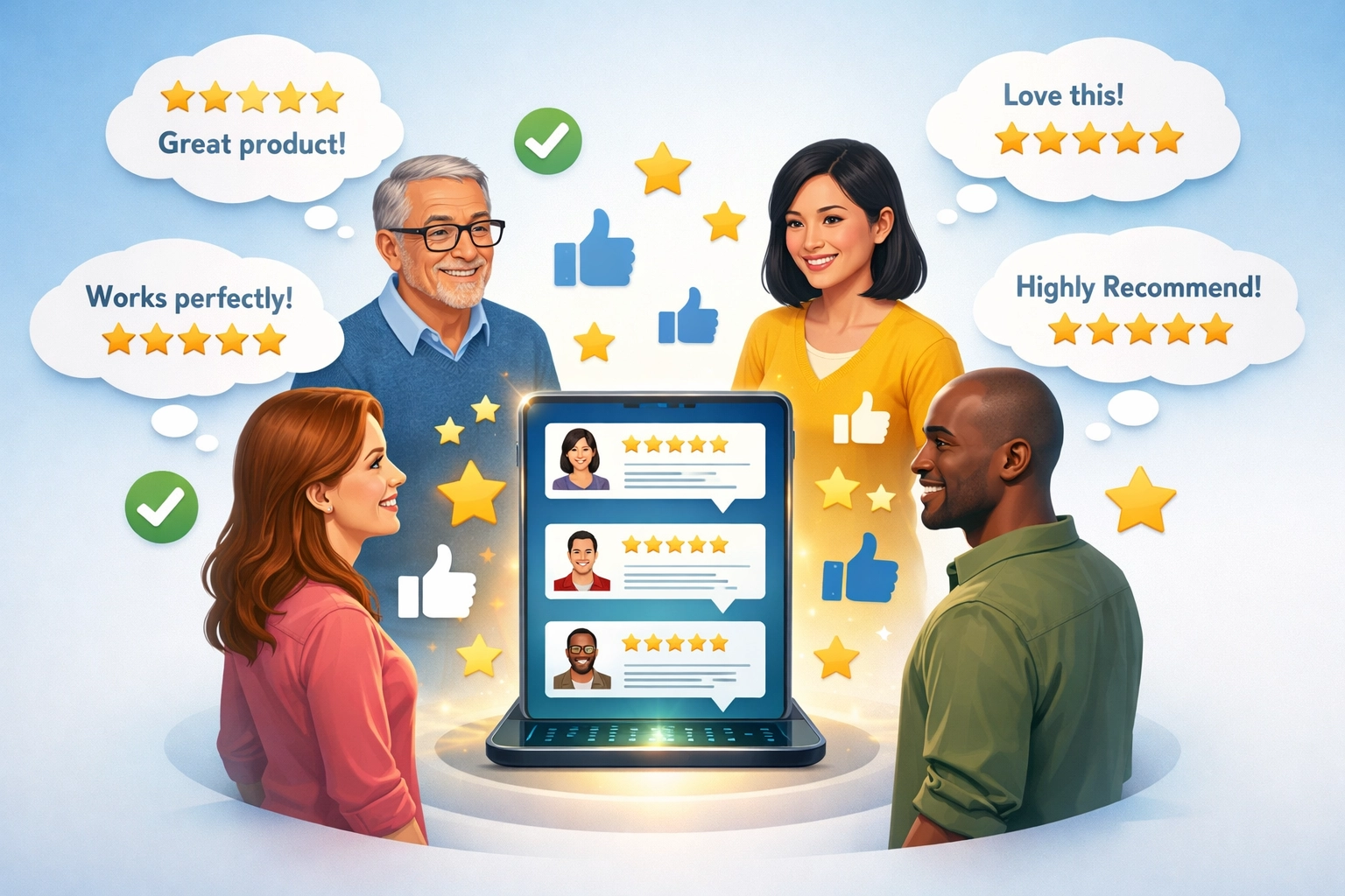 Social proof psychology showing diverse people making decisions based on others' positive experiences