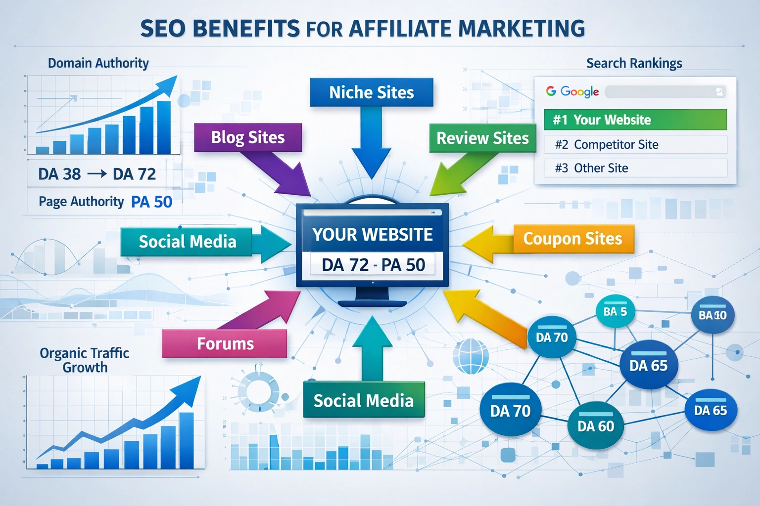 SEO benefits visualization showing backlinks and domain authority improvement through affiliate marketing