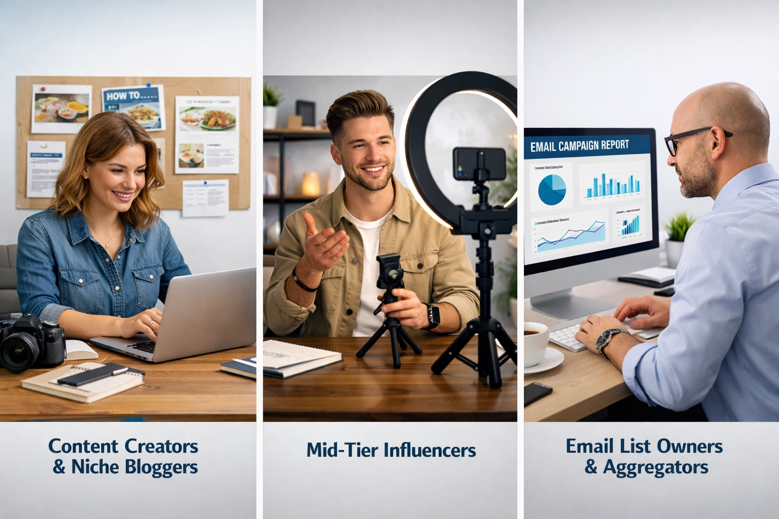 Three types of affiliate partners: blogger, influencer, and email marketer