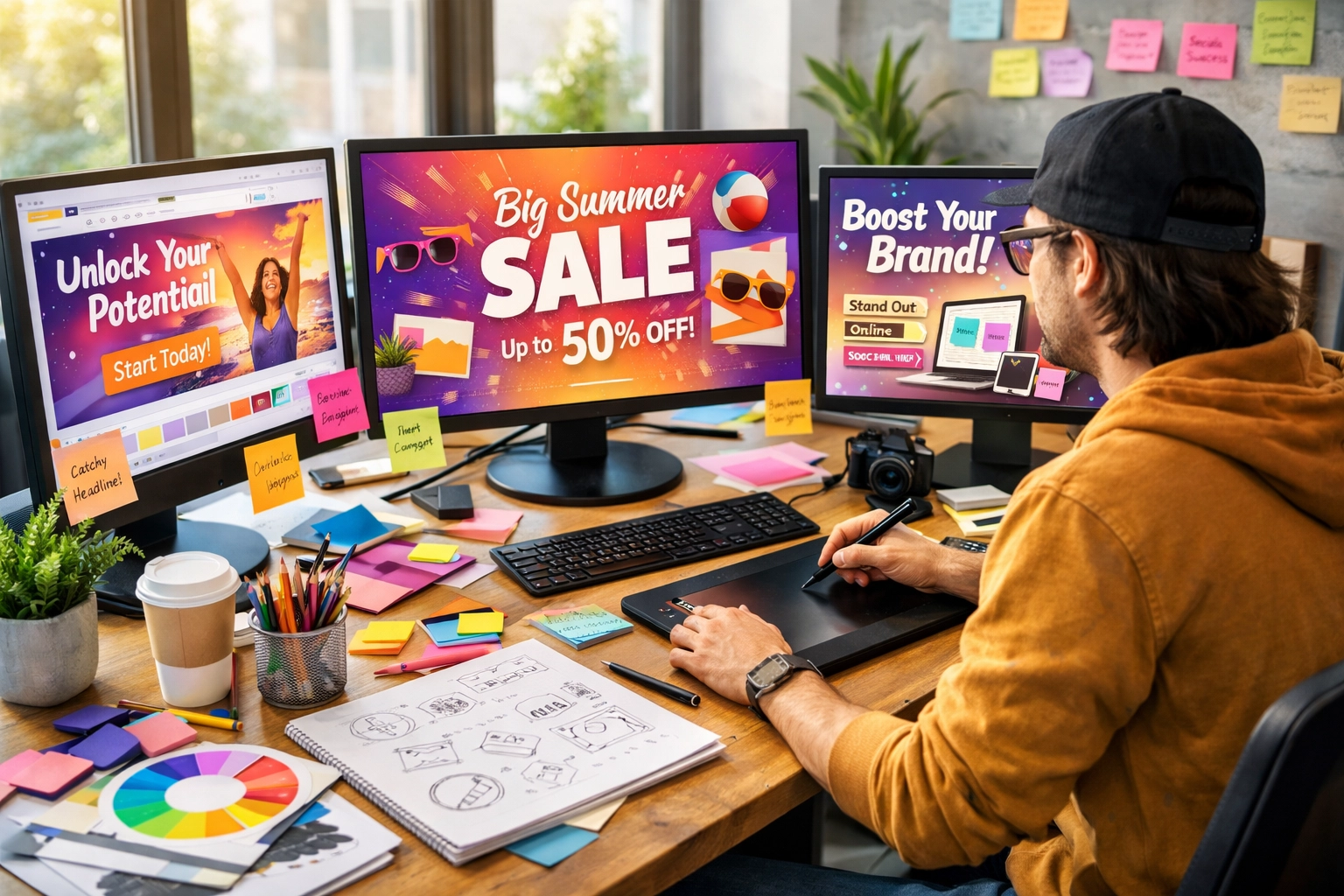 Creative content creation workspace with design tools and brainstorming materials