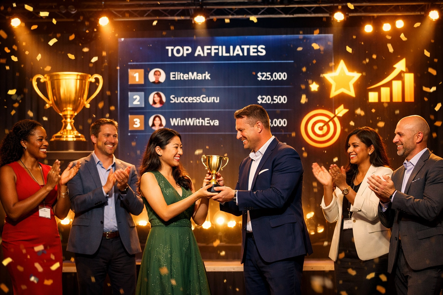 Affiliate recognition and achievement celebration event with diverse group celebrating success