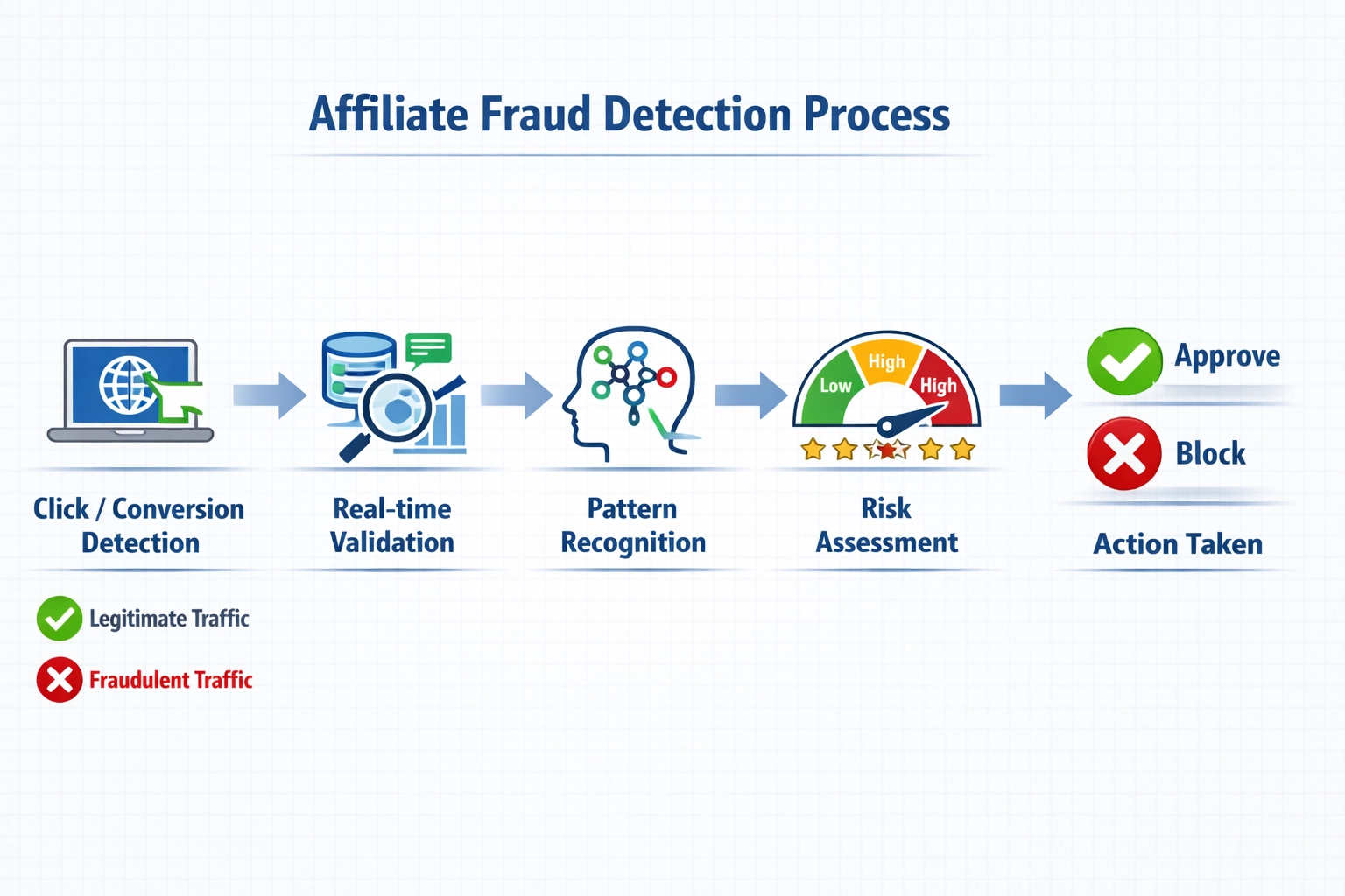 Affiliate fraud detection process workflow showing real-time validation and pattern recognition