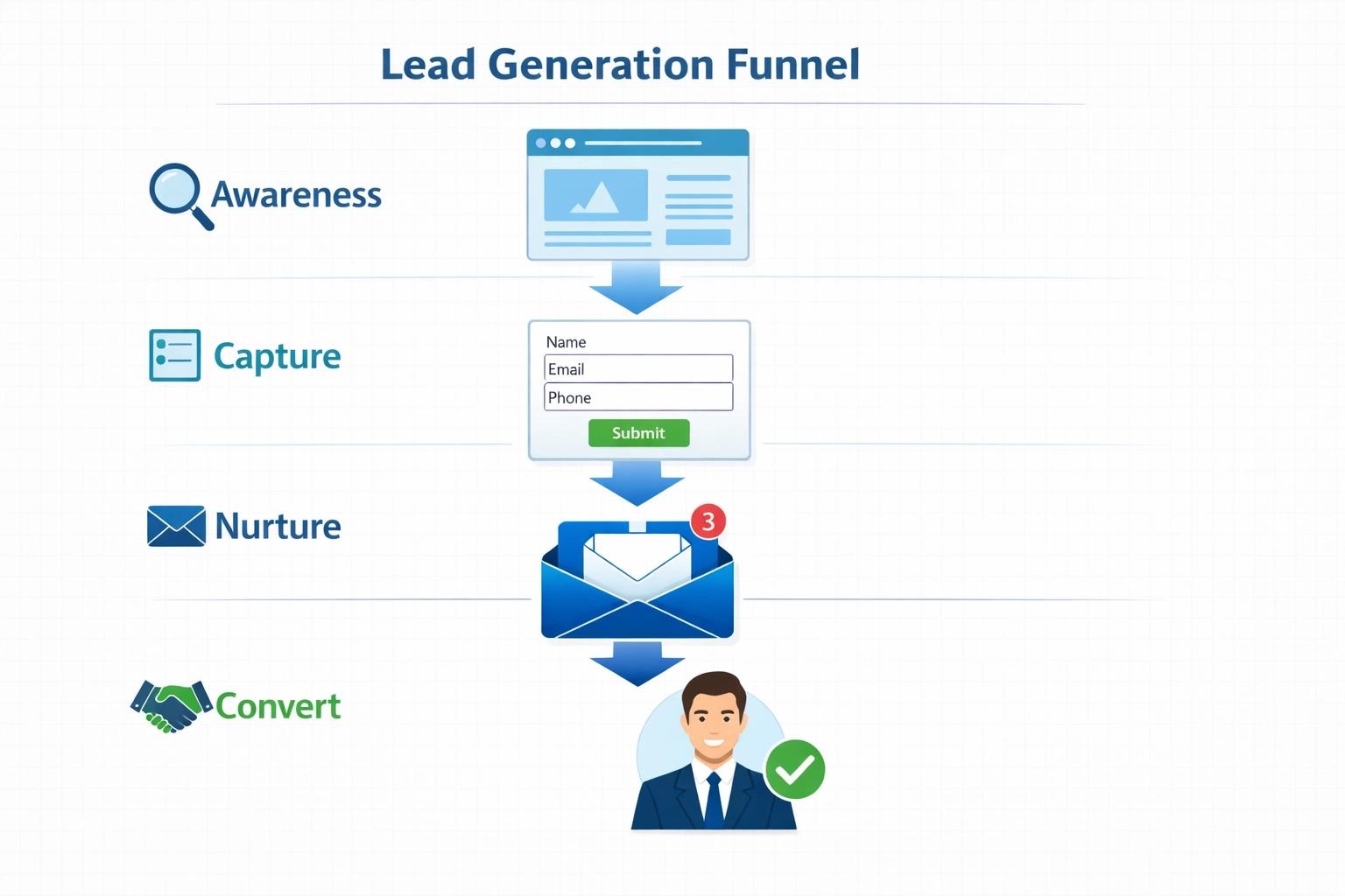 Lead generation funnel showing awareness, capture, nurture, and convert stages