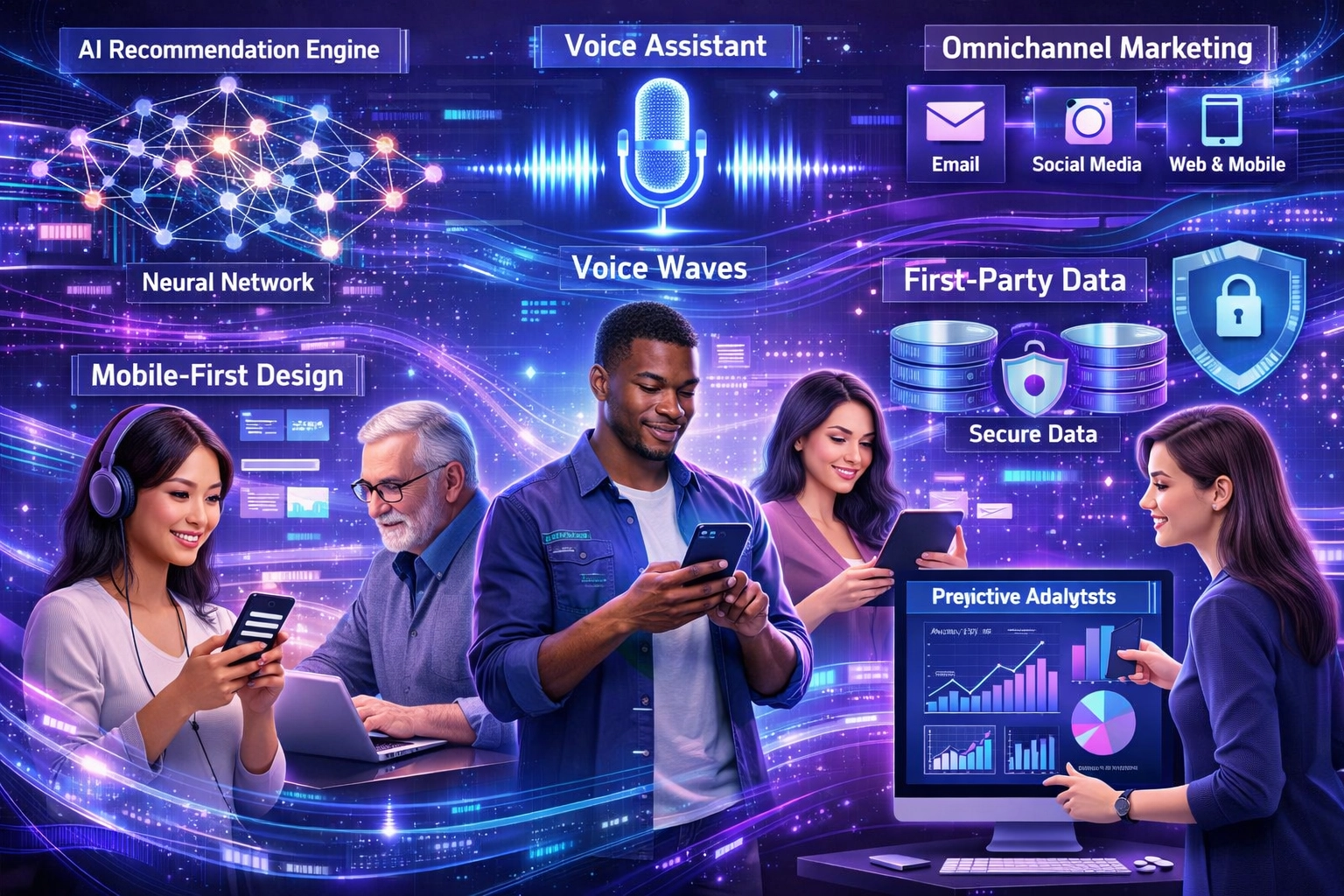 Futuristic digital marketing landscape showing emerging personalization technologies including AI, voice search, mobile-first design, and omnichannel marketing