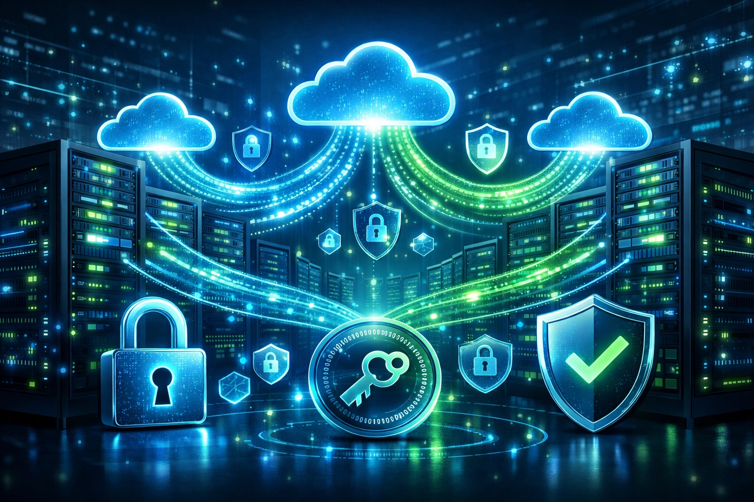 Cloud storage and data backup visualization with cybersecurity elements