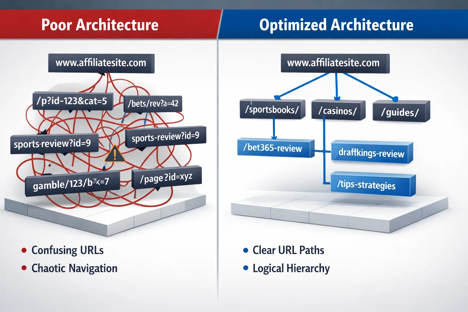 Comparison of poor vs optimized website site architecture for betting affiliate sites