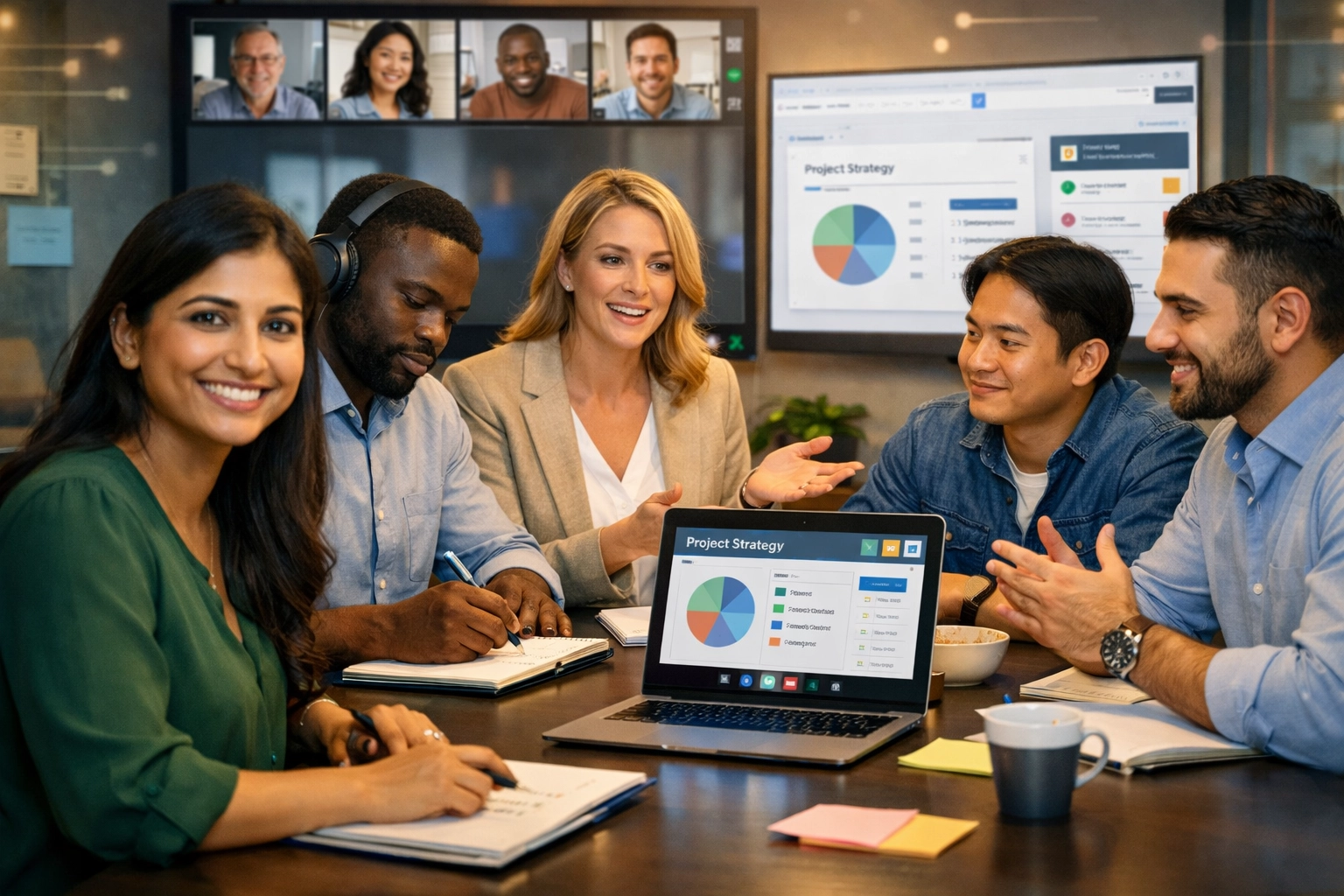 Diverse affiliate partners in a virtual collaborative meeting environment engaged in teamwork