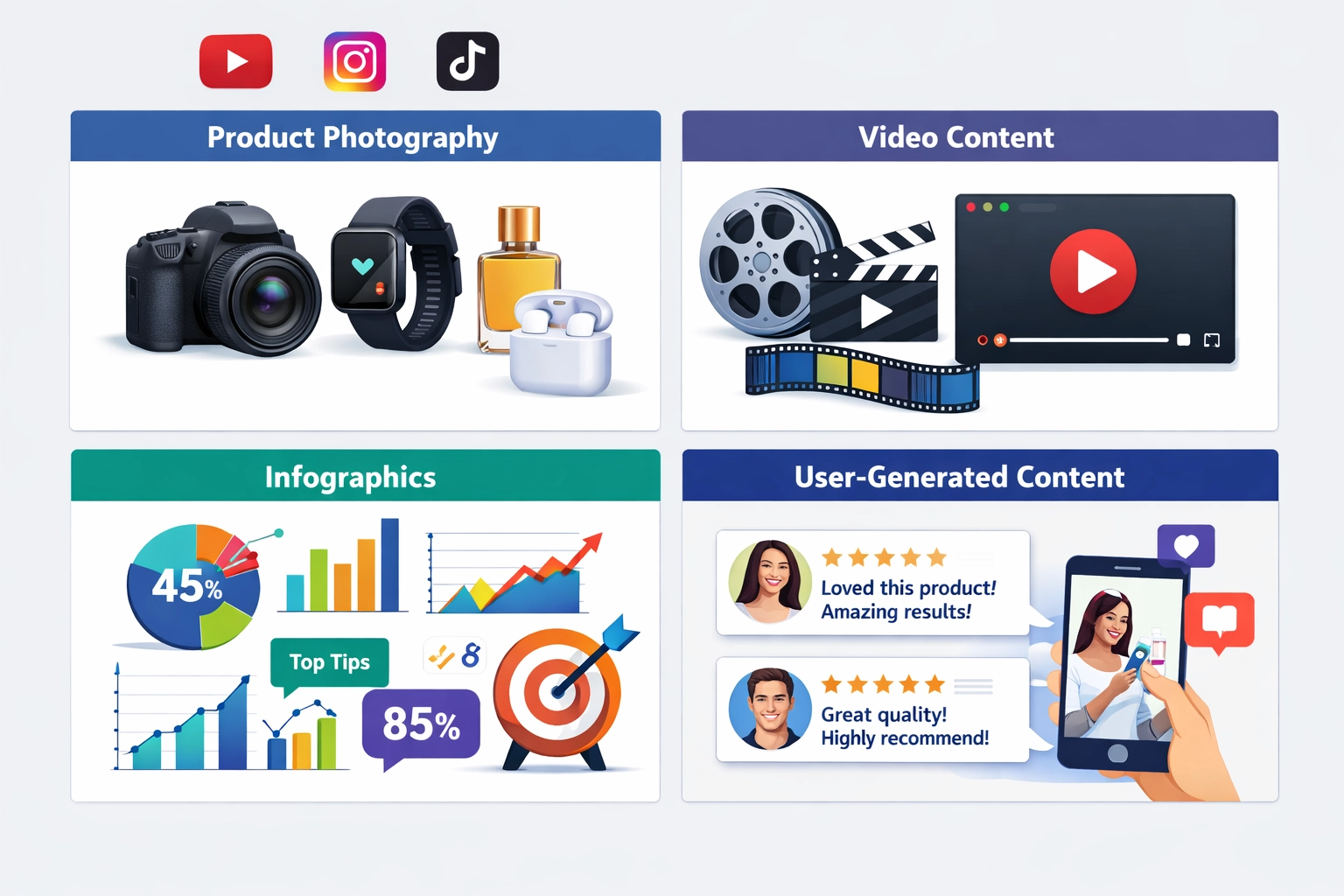 Different types of visual content for affiliate marketing including infographics, videos, photos, and user-generated content