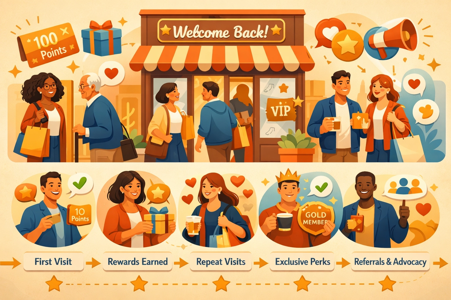 Illustration of satisfied customers showing loyalty program rewards and repeat purchases