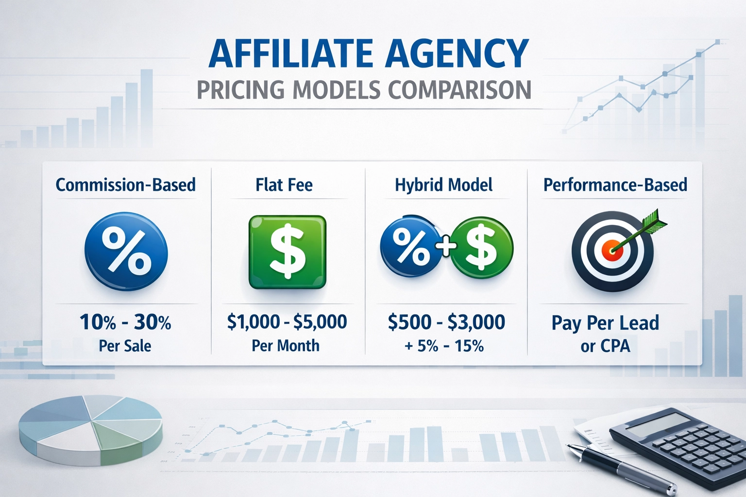 Affiliate agency pricing models comparison showing commission-based, flat fee, hybrid, and performance-based pricing structures